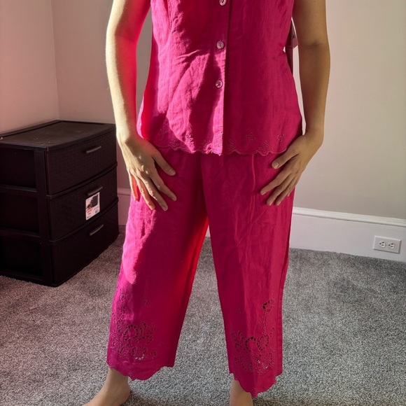 NEW Vintage Y2K Fuchsia linen set button-up embroidered top and capri - Small - Picture 2 of 10